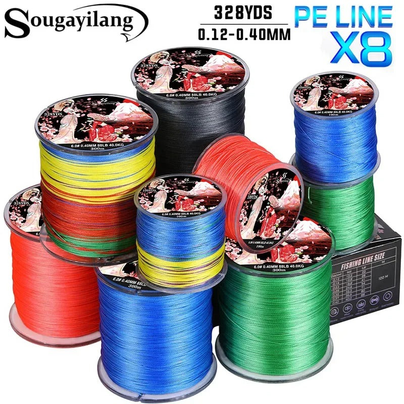 Braided Fishing Line X8 100/300 Drag 22~88LB Multifilament Japanese PE Line for Bass Pike Carp Fishing Accessories