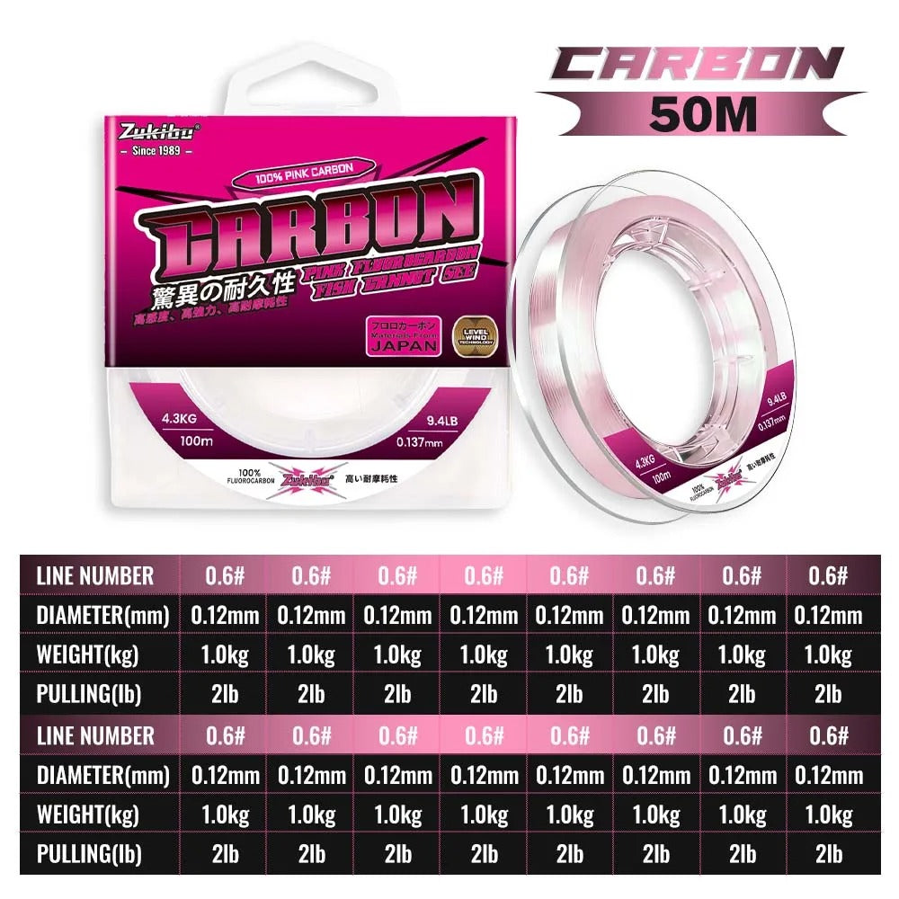 100% Pure Fluorocarbon Pink Fishing Line 100M 50M Carbon Fiber Leader Fishing Lure Line Fishing Sinking Line Japan
