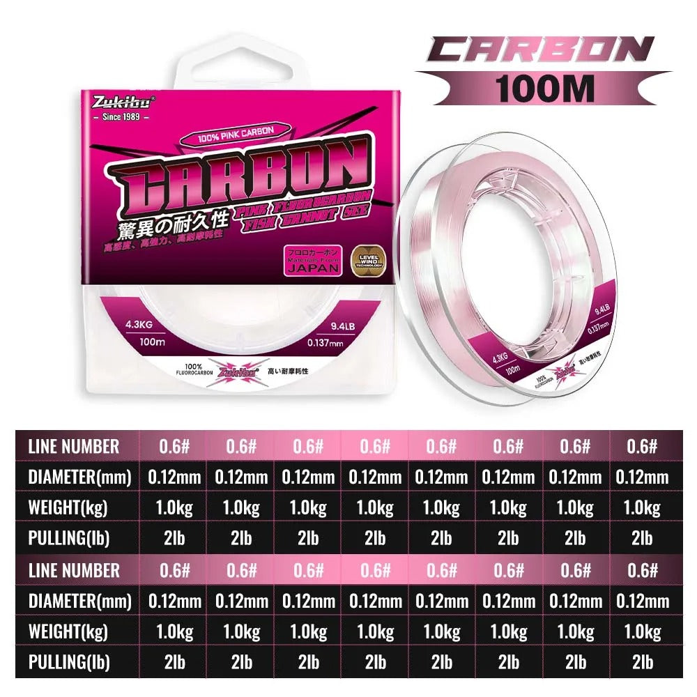100% Pure Fluorocarbon Pink Fishing Line 100M 50M Carbon Fiber Leader Fishing Lure Line Fishing Sinking Line Japan
